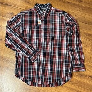 Johnston Murphy Mens Large Red Blue Plaid Tailored Fit Dress Shirt Button Up B1